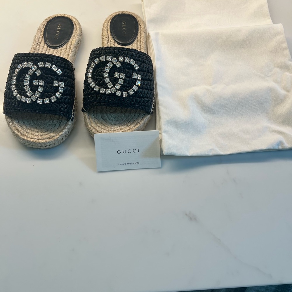 Gucci Black and Silver Woven Slide Sandals
